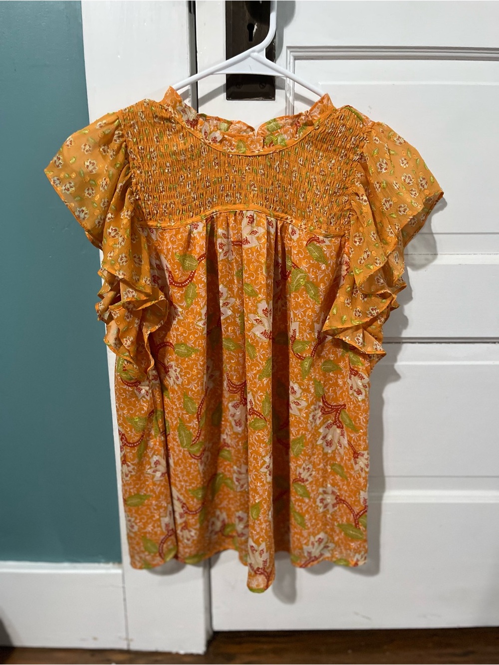 Orange Floral Smocked Flutter Sleeve Blouse